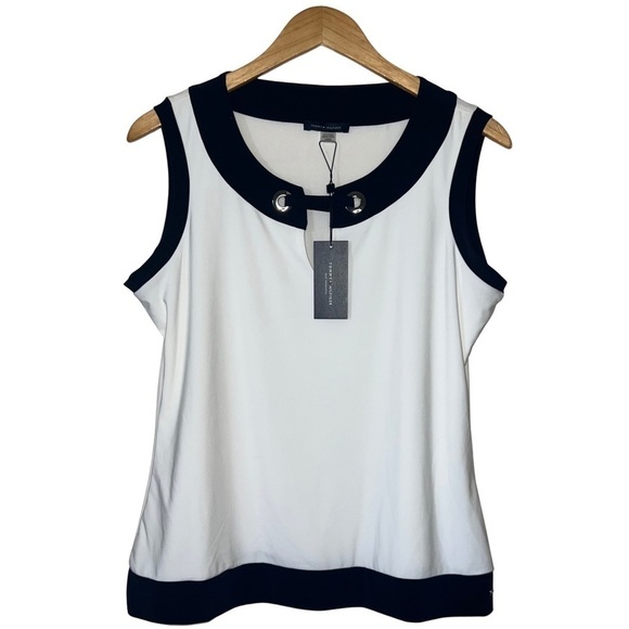 Tommy Hilfiger Black and White Sleeveless Summer Dress Shirt Size Large NWT - Picture 1 of 7
